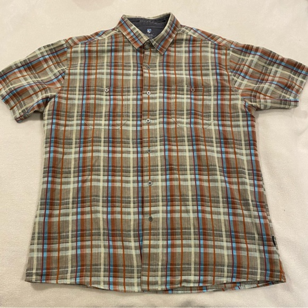 KUHL Shirt Mens Medium Beige Plaid‎ Button Up Linen Blend Short Sleeve Skorpio